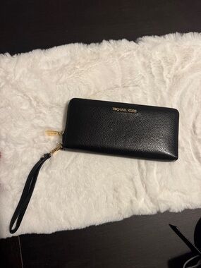 Michael Kors Black Pebbled Leather Zip Wristlet with Gold Hardware